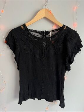 Free People Black Short Sleeve Lace-Trim Top